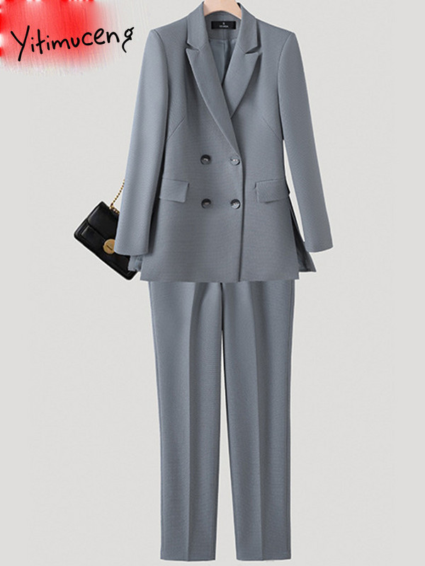 Yitimuceng Uredski ženski dvodijelni kompleti Ženska odjeća 2023. Sakoi s dvostrukim kopčanjem s otvorenim ovratnikom Labava ležerna odijela s hlačama