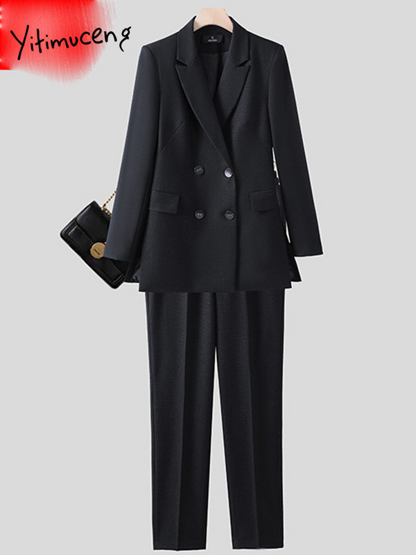 Yitimuceng Uredski ženski dvodijelni kompleti Ženska odjeća 2023. Sakoi s dvostrukim kopčanjem s otvorenim ovratnikom Labava ležerna odijela s hlačama