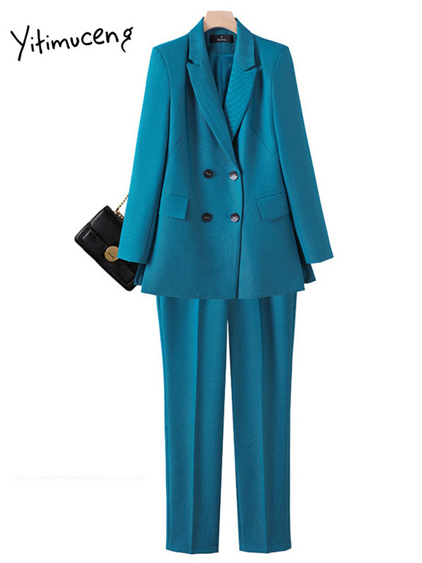 Yitimuceng Uredski ženski dvodijelni kompleti Ženska odjeća 2023. Sakoi s dvostrukim kopčanjem s otvorenim ovratnikom Labava ležerna odijela s hlačama