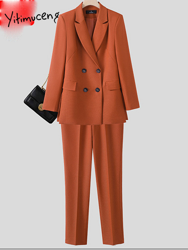 Yitimuceng Uredski ženski dvodijelni kompleti Ženska odjeća 2023. Sakoi s dvostrukim kopčanjem s otvorenim ovratnikom Labava ležerna odijela s hlačama