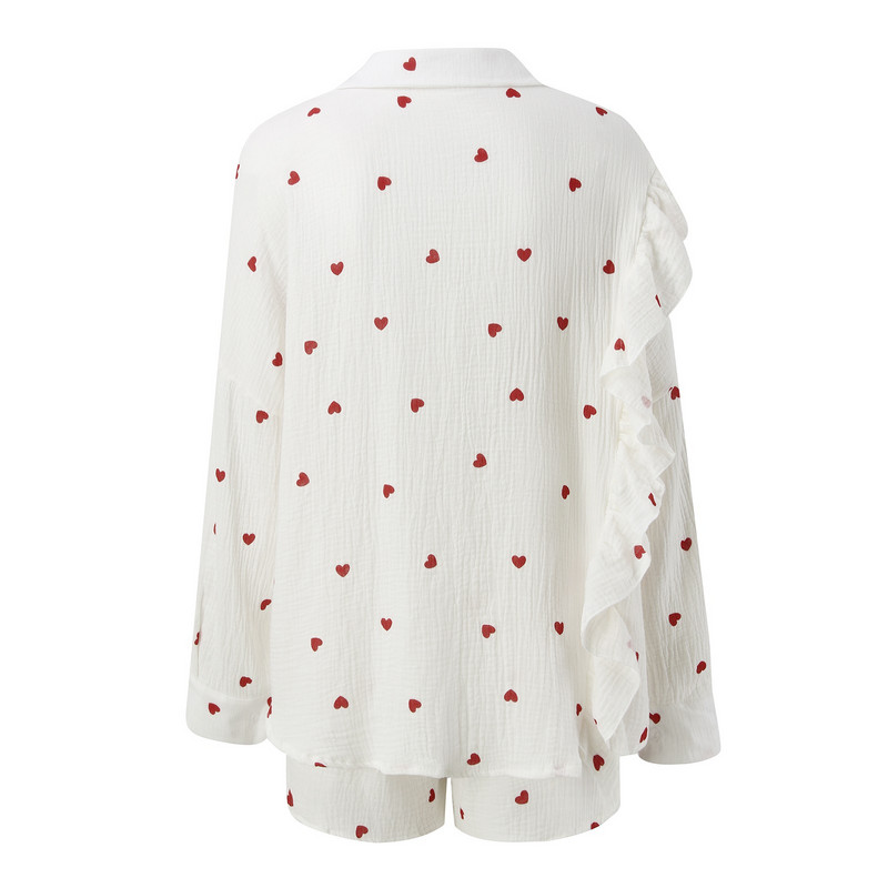 2023. gada vasaras ikdienišķa sirds apdruka sieviešu blūzes un šorti ar garām piedurknēm, krekls ar nolaižamu apkakli.