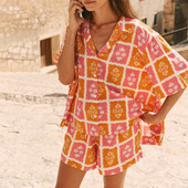 Dviejų dalių gėlėtų pižamų rinkinys Didelis ilgomis rankovėmis užsegami marškinėliai pižamos šoriniai su gėlėmis raštais šortų rinkinys miegui