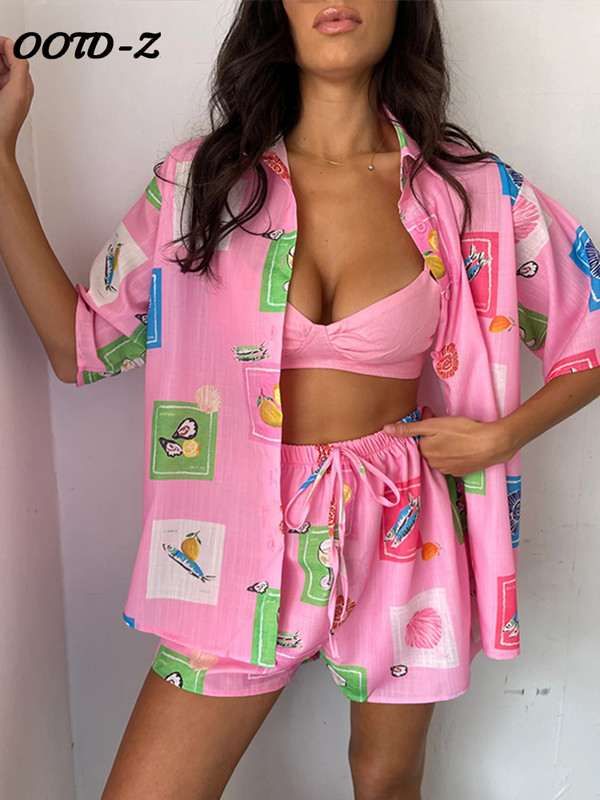 Apdrukāti sieviešu krekli ar īsām piedurknēm, kostīmi ar vienrindu, nolaižamu apkakli, sieviešu kreklu komplekts, 2024. gada vasaras platu kāju sieviešu bikšu komplekti