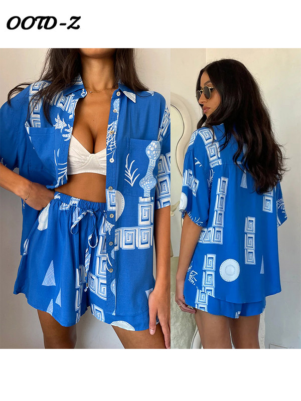 Apdrukāti sieviešu krekli ar īsām piedurknēm, kostīmi ar vienrindu, nolaižamu apkakli, sieviešu kreklu komplekts, 2024. gada vasaras platu kāju sieviešu bikšu komplekti