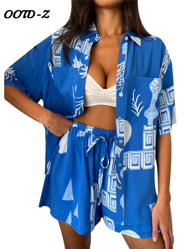 Apdrukāti sieviešu krekli ar īsām piedurknēm, kostīmi ar vienrindu, nolaižamu apkakli, sieviešu kreklu komplekts, 2024. gada vasaras platu kāju sieviešu bikšu komplekti