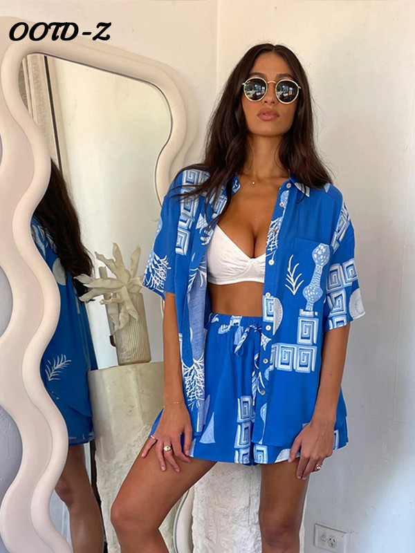 Apdrukāti sieviešu krekli ar īsām piedurknēm, kostīmi ar vienrindu, nolaižamu apkakli, sieviešu kreklu komplekts, 2024. gada vasaras platu kāju sieviešu bikšu komplekti