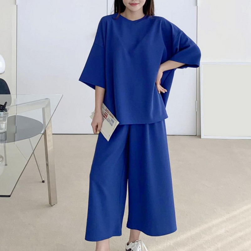 Lahtine ülikond naistele pidžaamapükste komplekt Naiste koduriided 2-osaline komplekt Lihtne soliidne vabaaja T-särgi pükste komplekt O-kaelusega salongirõivad