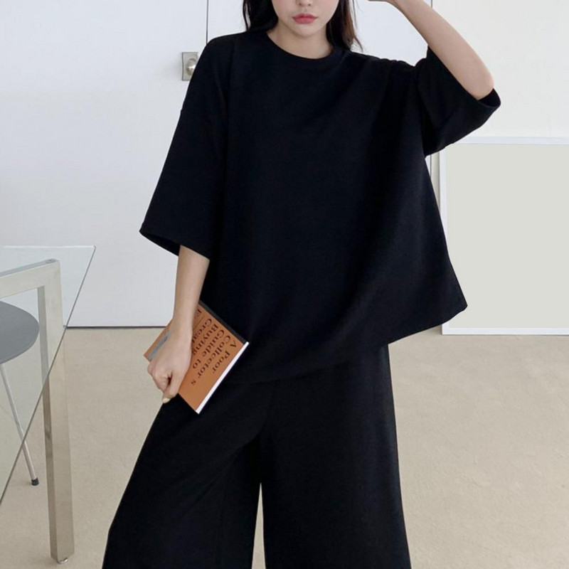 Lahtine ülikond naistele pidžaamapükste komplekt Naiste koduriided 2-osaline komplekt Lihtne soliidne vabaaja T-särgi pükste komplekt O-kaelusega salongirõivad