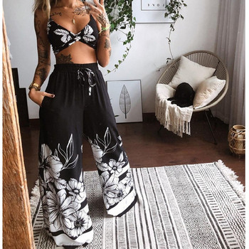 Γυναικεία φόρμα 2 τεμαχίων μόδας 2024 Φόρμα Boho Print Σέξι αμάνικο Crop Top Loose φαρδύ παντελόνι σετ γυναικείο κοστούμι