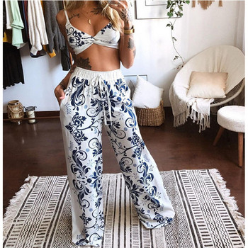 Γυναικεία φόρμα 2 τεμαχίων μόδας 2024 Φόρμα Boho Print Σέξι αμάνικο Crop Top Loose φαρδύ παντελόνι σετ γυναικείο κοστούμι