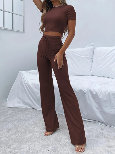 Set de pantaloni slim cu buzunar ocazional pentru femei, crop de culoare solidă, sexy, ombilic deschis la modă, set 2 piese femei