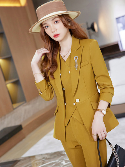 Naiste vestiga bleiser ja pükskostüüm, kollane sinine khaki must punane lilla kontori naistele ametlik äritöö, karjääririietus, 3 osa