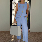 Mellényes nadrág szett Stílusos sportruházati szett elasztikus derékpánttal, széles szárú nadrágok nőknek, O-nyakú felső zsebekkel