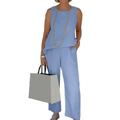 Mellényes nadrág szett Stílusos sportruházati szett elasztikus derékpánttal, széles szárú nadrágok nőknek, O-nyakú felső zsebekkel