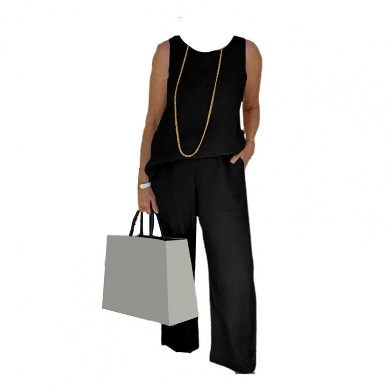 Mellényes nadrág szett Stílusos sportruházati szett elasztikus derékpánttal, széles szárú nadrágok nőknek, O-nyakú felső zsebekkel