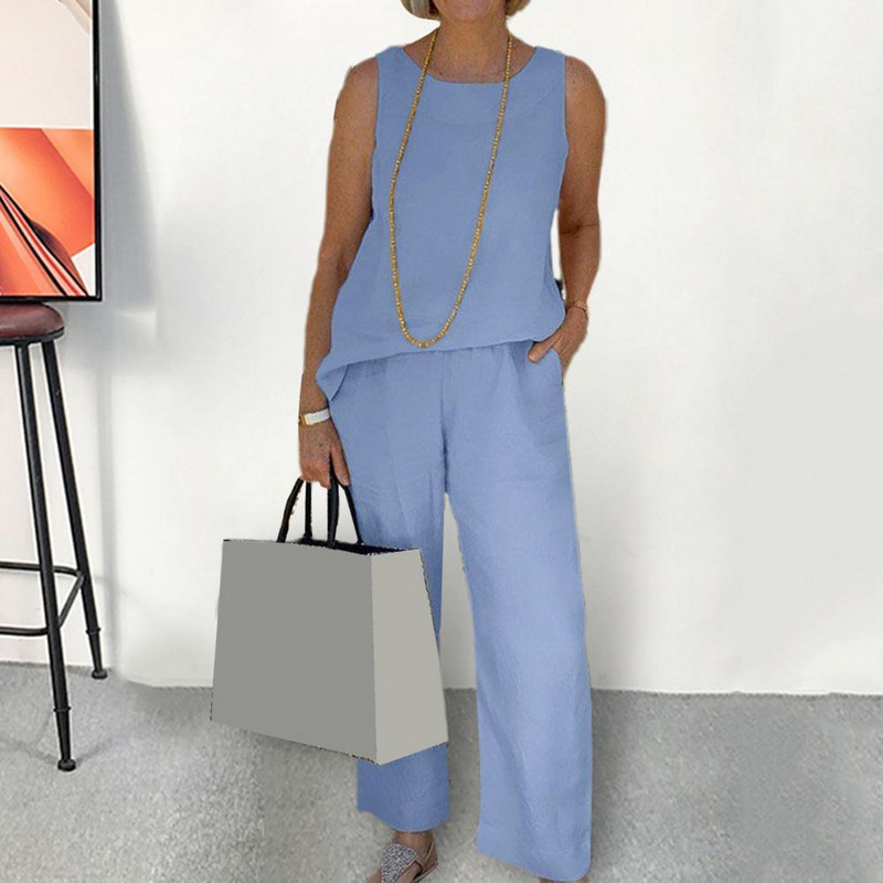 Mellényes nadrág szett Stílusos sportruházati szett elasztikus derékpánttal, széles szárú nadrágok nőknek, O-nyakú felső zsebekkel