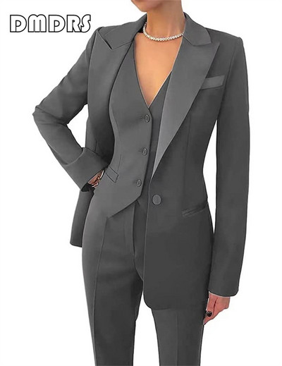 Klizni, uski ženski komplet odijela, 3-dijelni blejzer, prsluk i hlače s jednim gumbom, formalni smoking veće veličine s džepom