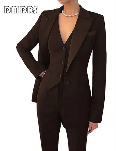 Klizni, uski ženski komplet odijela, 3-dijelni blejzer, prsluk i hlače s jednim gumbom, formalni smoking veće veličine s džepom