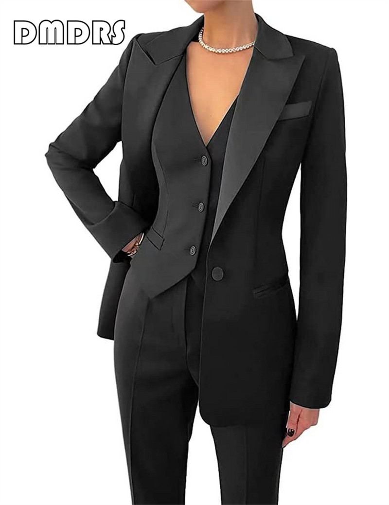 Klizni, uski ženski komplet odijela, 3-dijelni blejzer, prsluk i hlače s jednim gumbom, formalni smoking veće veličine s džepom