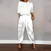 Naiste siledast satiinist lühikeste varrukatega topp ja püksid, kaheosaline komplekt, O-kaelusega pitsilised komplektid, vabad ja elegantsed naiste kaheosaline komplekt