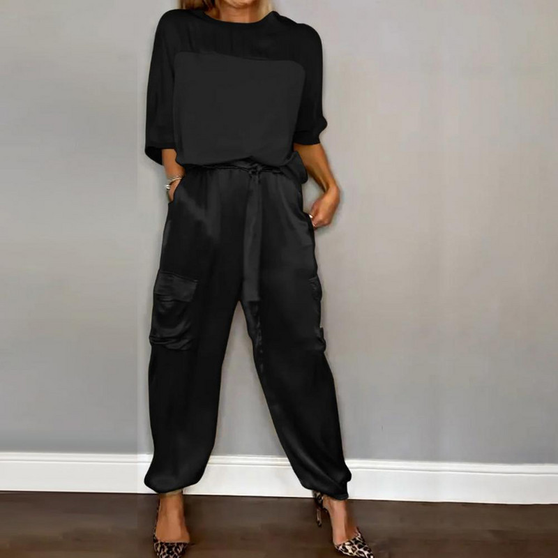 Naiste siledast satiinist lühikeste varrukatega topp ja püksid, kaheosaline komplekt, O-kaelusega pitsilised komplektid, vabad ja elegantsed naiste kaheosaline komplekt