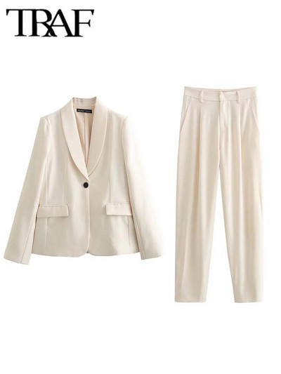 TRAF pikkade pükste komplektid naistele, 2-osaline mood kontoris soliidne bleisermantel, pidulik naiste ülikond, uus kaheosaline komplekt, naiste komplekt