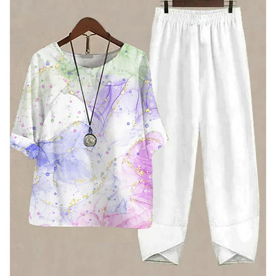 Novi ljetni dvodijelni kompleti Ženska odjeća s bijelim cvjetnim uzorkom Elegantna ženska O izrezom Široka košulja kratkih rukava Odijelo s hlačama visokog struka