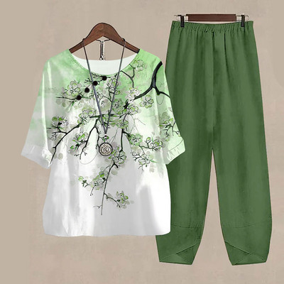 Novi ljetni dvodijelni kompleti Ženska odjeća s bijelim cvjetnim uzorkom Elegantna ženska O izrezom Široka košulja kratkih rukava Odijelo s hlačama visokog struka