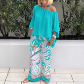 Szexi vállra húzott női, kétrészes női szett 2024 nyári laza alkalmi mintás elegáns, 2 részes szettek női felsők és nadrágok