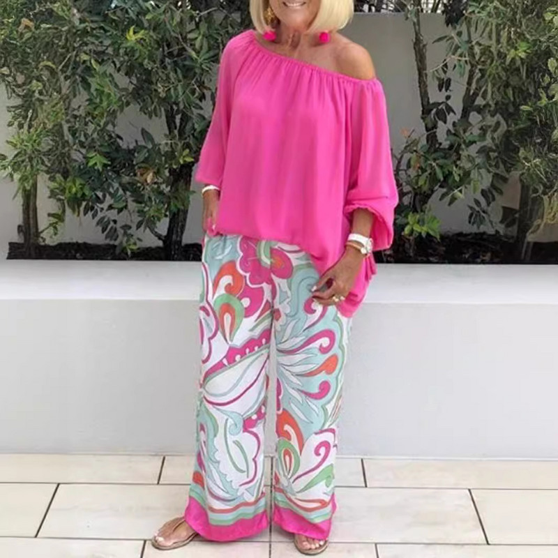 Szexi vállra húzott női, kétrészes női szett 2024 nyári laza alkalmi mintás elegáns, 2 részes szettek női felsők és nadrágok