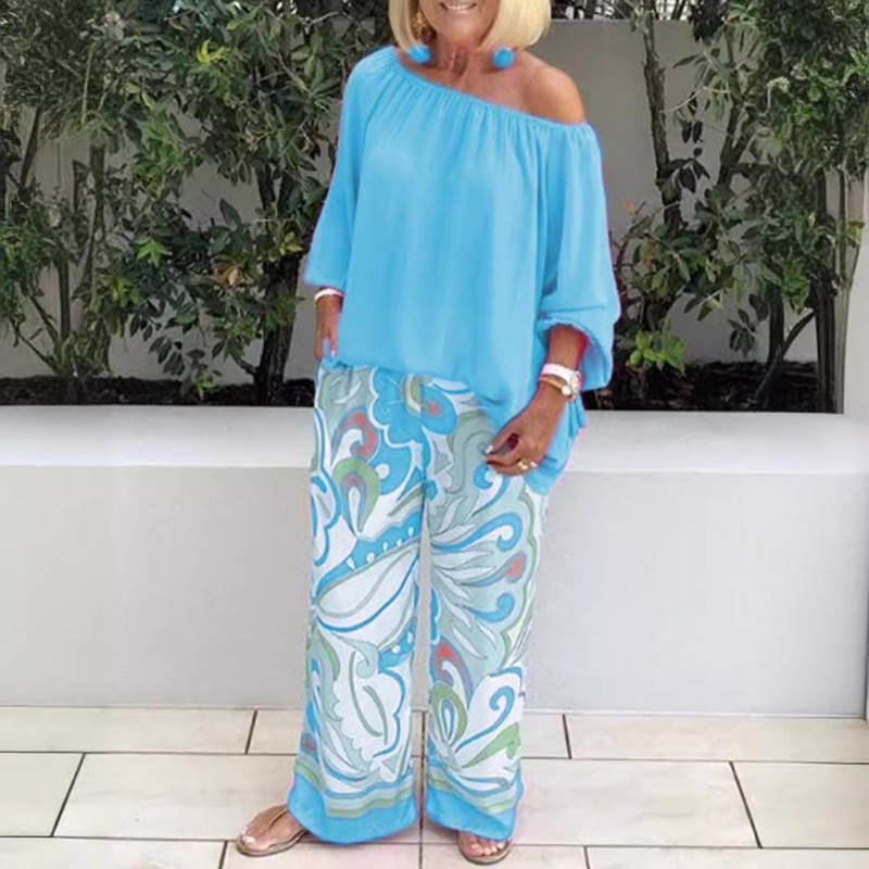 Szexi vállra húzott női, kétrészes női szett 2024 nyári laza alkalmi mintás elegáns, 2 részes szettek női felsők és nadrágok