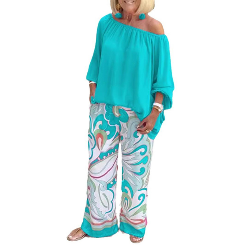 Szexi vállra húzott női, kétrészes női szett 2024 nyári laza alkalmi mintás elegáns, 2 részes szettek női felsők és nadrágok