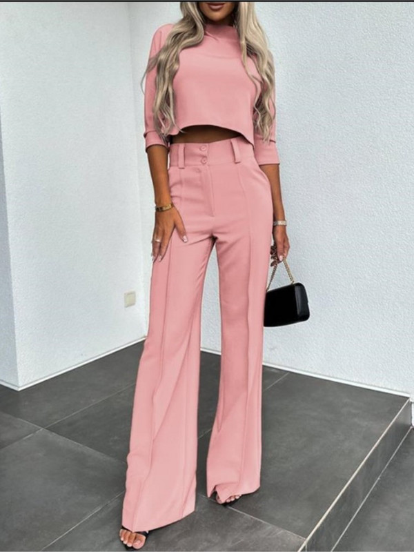 Ležerna košulja dugih rukava Komplet hlača Uredska dama Proljeće Jesen Moda Jednobojne majice s O izrezom Dvodijelni komplet Ženska odjeća 2023.