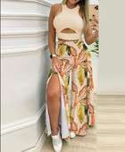 Divdaļīgie komplekti Sieviešu tērpi 2024. gada vasaras apdruka, temperaments bez piedurknēm, slaids tops un ikdienišķs ar augstu vidukli, modes platu kāju bikšu komplekts