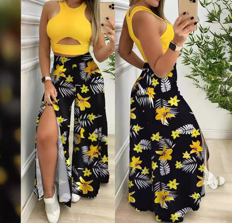 Divdaļīgie komplekti Sieviešu tērpi 2024. gada vasaras apdruka, temperaments bez piedurknēm, slaids tops un ikdienišķs ar augstu vidukli, modes platu kāju bikšu komplekts