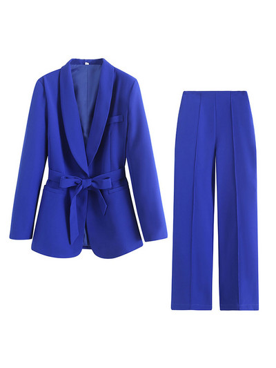 Bikses, 2 dab., komplekti, uzvalks sievietēm Rudens, elegants biroja apģērbs, ikdienas sieviešu mēteļi ar jostu un bikškostīmi ar augstu vidukli