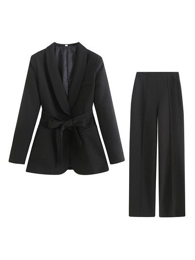 Bikses, 2 dab., komplekti, uzvalks sievietēm Rudens, elegants biroja apģērbs, ikdienas sieviešu mēteļi ar jostu un bikškostīmi ar augstu vidukli