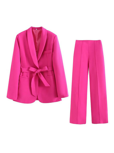 Bikses, 2 dab., komplekti, uzvalks sievietēm Rudens, elegants biroja apģērbs, ikdienas sieviešu mēteļi ar jostu un bikškostīmi ar augstu vidukli