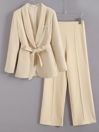 Bikses, 2 dab., komplekti, uzvalks sievietēm Rudens, elegants biroja apģērbs, ikdienas sieviešu mēteļi ar jostu un bikškostīmi ar augstu vidukli