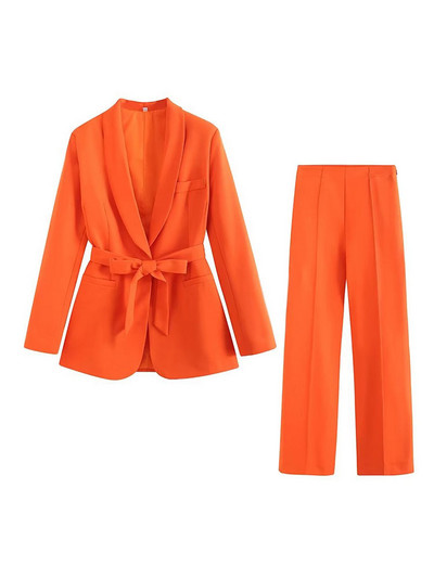 Bikses, 2 dab., komplekti, uzvalks sievietēm Rudens, elegants biroja apģērbs, ikdienas sieviešu mēteļi ar jostu un bikškostīmi ar augstu vidukli