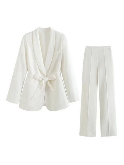 Bikses, 2 dab., komplekti, uzvalks sievietēm Rudens, elegants biroja apģērbs, ikdienas sieviešu mēteļi ar jostu un bikškostīmi ar augstu vidukli