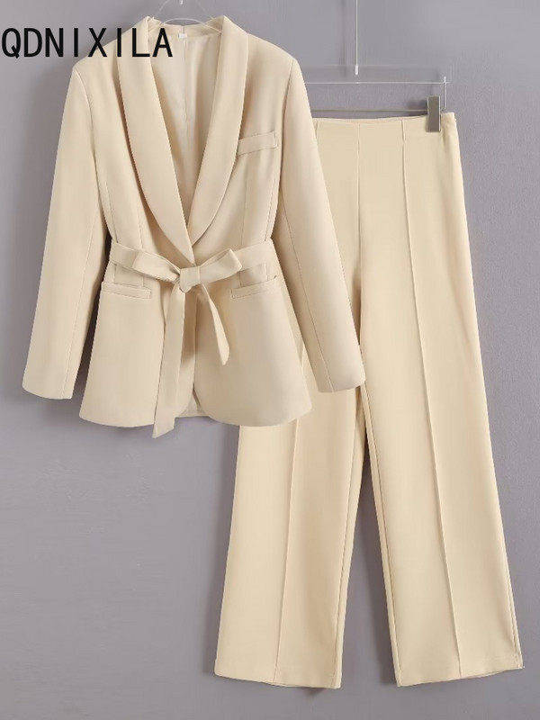 Bikses, 2 dab., komplekti, uzvalks sievietēm Rudens, elegants biroja apģērbs, ikdienas sieviešu mēteļi ar jostu un bikškostīmi ar augstu vidukli