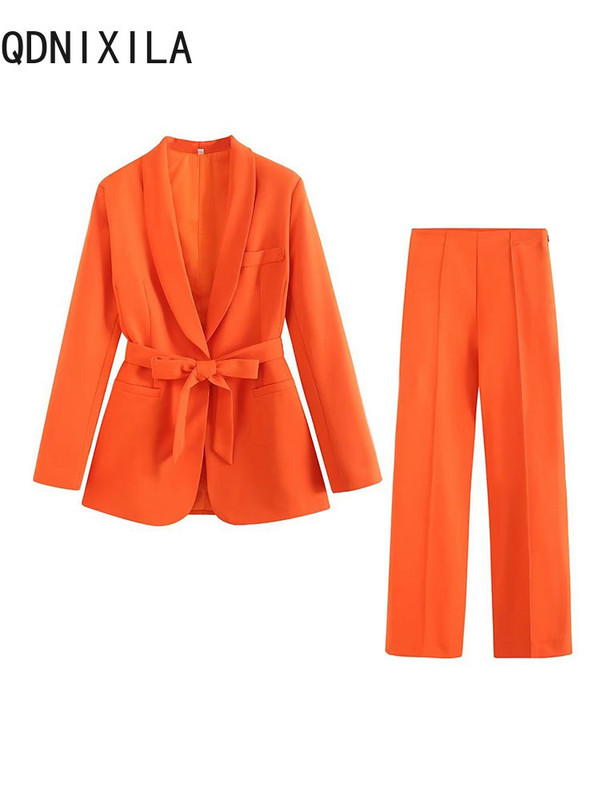 Bikses, 2 dab., komplekti, uzvalks sievietēm Rudens, elegants biroja apģērbs, ikdienas sieviešu mēteļi ar jostu un bikškostīmi ar augstu vidukli