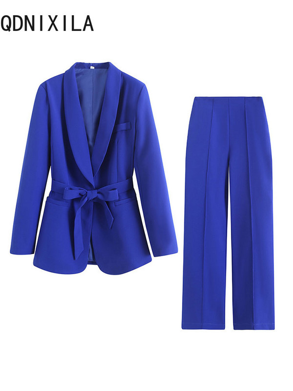 Bikses, 2 dab., komplekti, uzvalks sievietēm Rudens, elegants biroja apģērbs, ikdienas sieviešu mēteļi ar jostu un bikškostīmi ar augstu vidukli