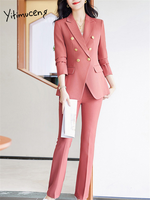 Yitimucengi kontori naiste kaheosalised komplektid, naiste 2023. aasta rõivakomplektid, uued kaherealised, lahtikäiva kraega bleiserid, õhukesed šikkad pükskostüümid