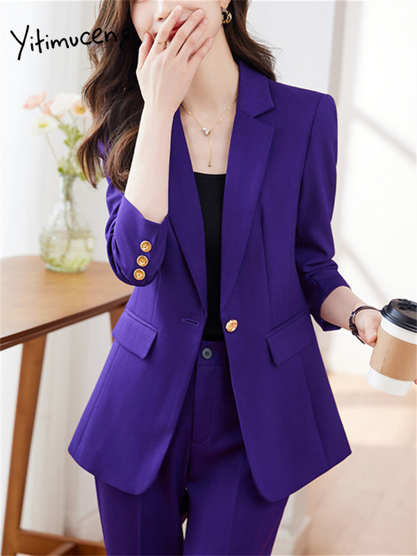Yitimuceng Uredska ženska svečana odijela s hlačama Ženska jesen zima 2023. Novi korejski modni sako dugih rukava i komplet hlača od 2 komada