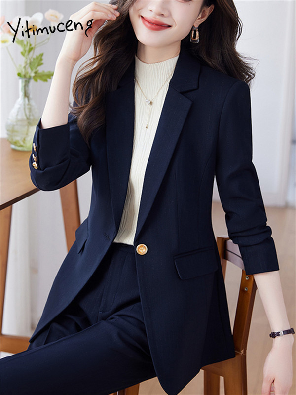 Yitimuceng Uredska ženska svečana odijela s hlačama Ženska jesen zima 2023. Novi korejski modni sako dugih rukava i komplet hlača od 2 komada