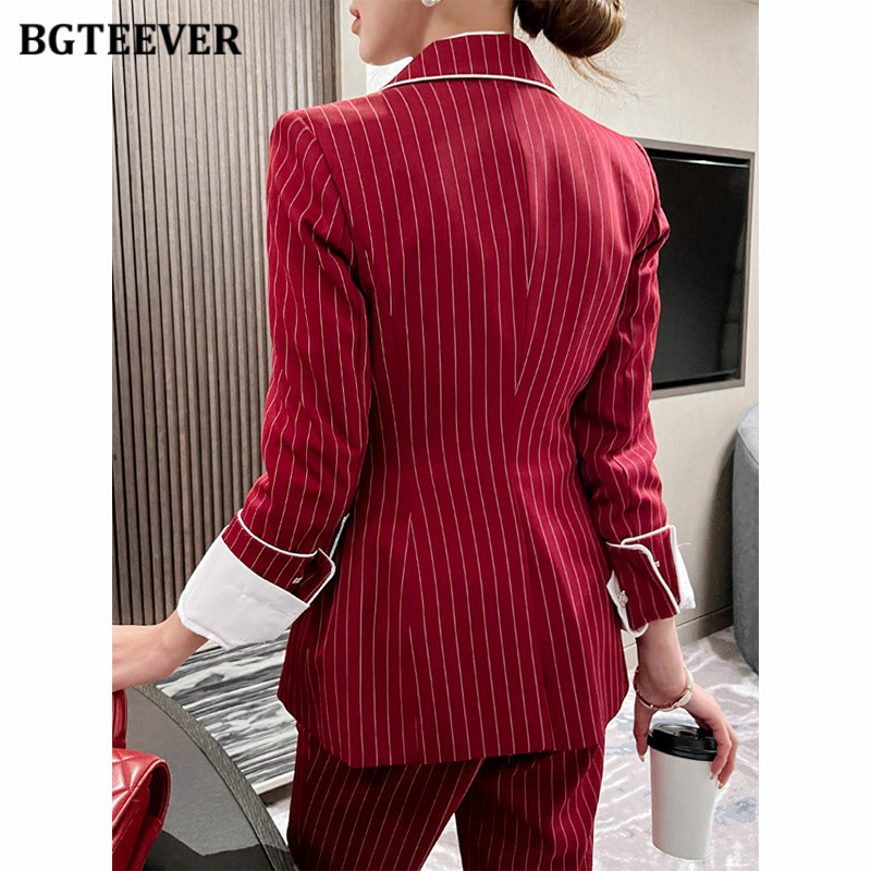 BGTEEVER rudens slaids sieviešu svītrainu žakešu komplekts ar garām piedurknēm, divrindu jakas Sieviešu bikses, kostīmi sievietēm, bikšu komplekts