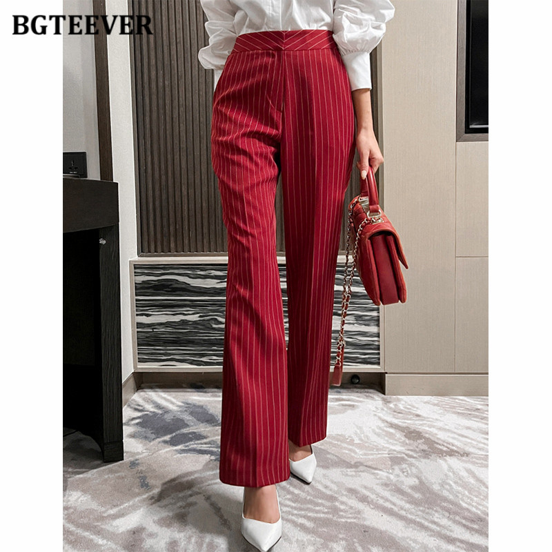 BGTEEVER rudens slaids sieviešu svītrainu žakešu komplekts ar garām piedurknēm, divrindu jakas Sieviešu bikses, kostīmi sievietēm, bikšu komplekts