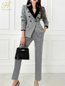 H Han Queen 2023 rudens ziemas korejiešu 2 daļiņu komplekts, sieviešu kontrasta žakete un vienkāršas bikses, ikdienas vienkāršs, profesionāls bikškostīms